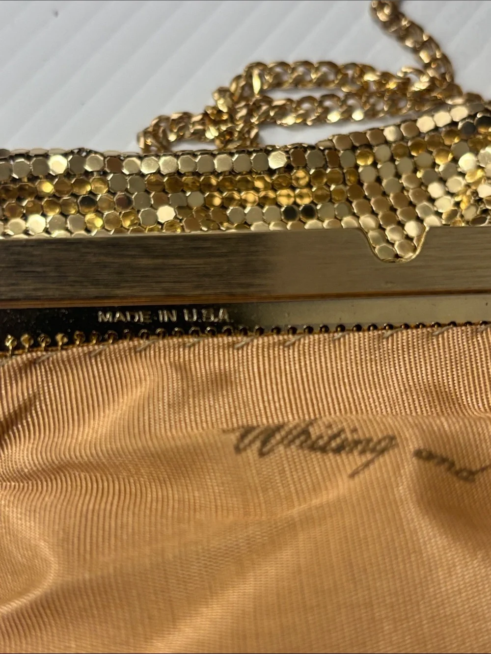 Whiting & Davis Gold Mesh Evening Wristlet with Chain